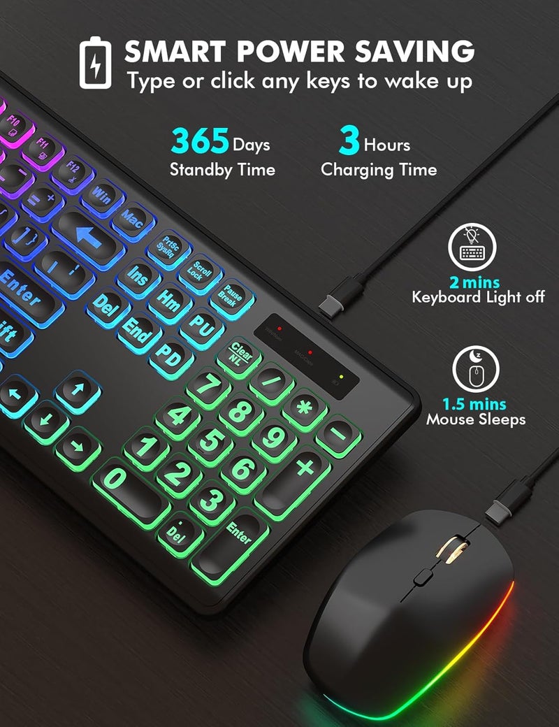 Trueque Wireless Keyboard and Mouse Combo, RGB Backlit, Rechargeable & Light Up Letters, Full-Size, Soft Typing, Sleep Mode, 2.4GHz Quiet Keyboard Set for Mac, Windows, Laptop, PC, (Matte Black) - Image 4